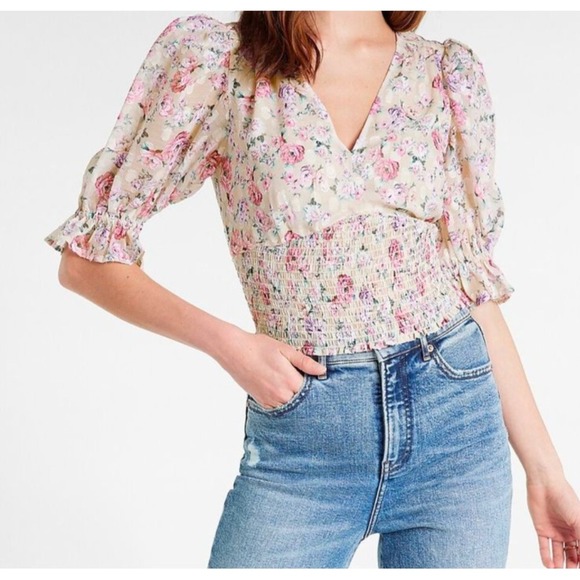 Express Women's Floral Puff Sleeve Smocked V-Neck S Cropped Top Boho Cottagecore - Picture 2 of 9